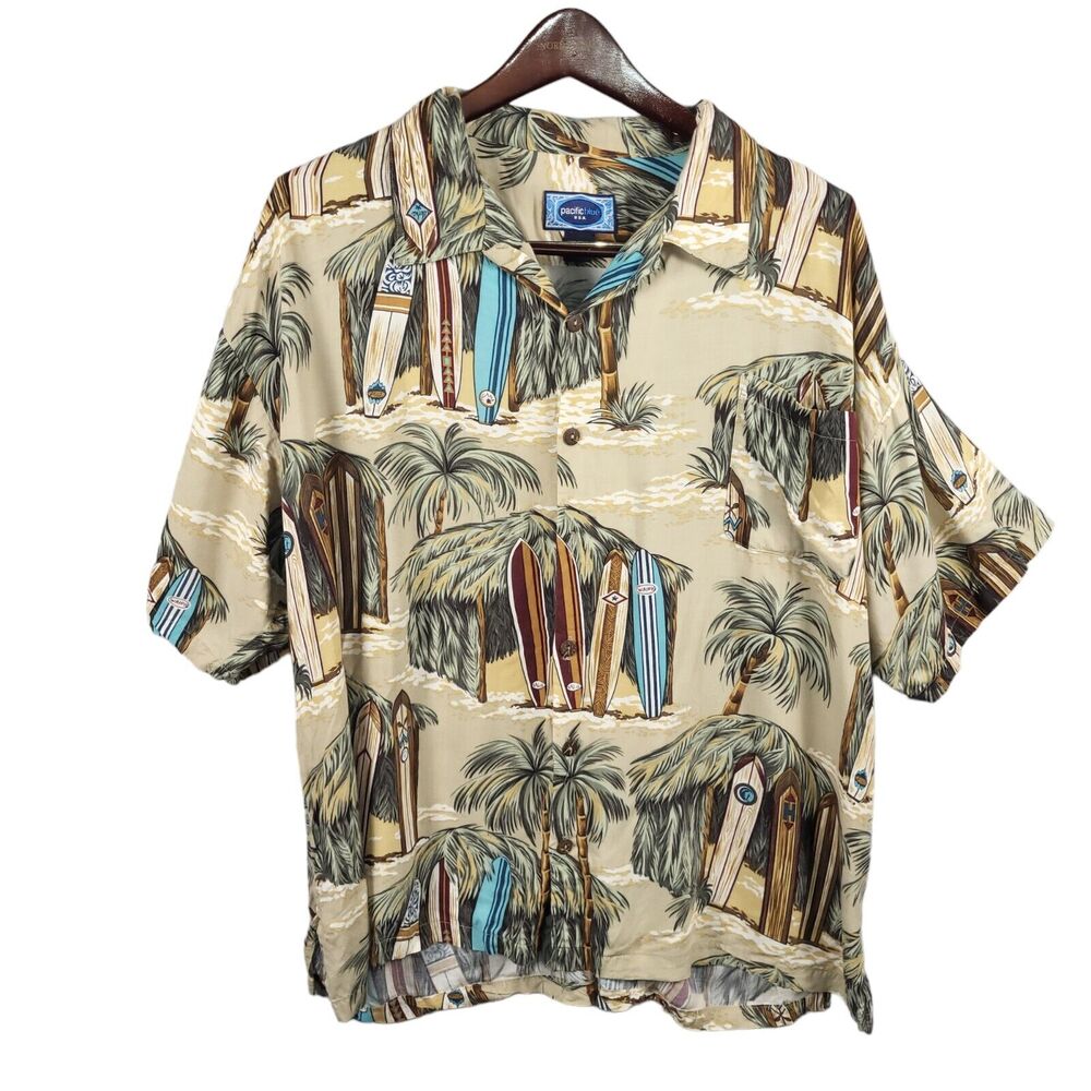 Pacific Blue Hawaiian‎ Mens Shirt XXL Thatch Hut Surf Boards Palm Trees Aloha
